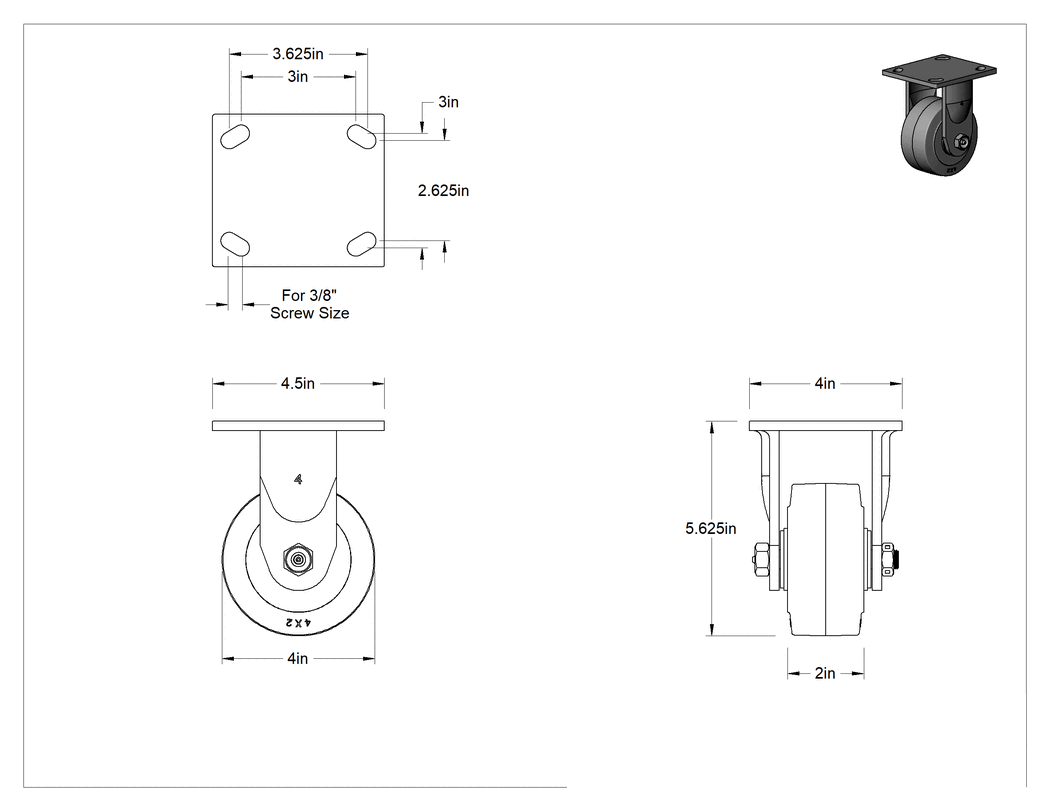 Teknik Çizim - 4-1/2" x 4" Montaj Plakalı Samson Tekerlek, 4 inç Çapında Siyah Kauçuk Tekerlekli Sert, Koruyuculu Rulman