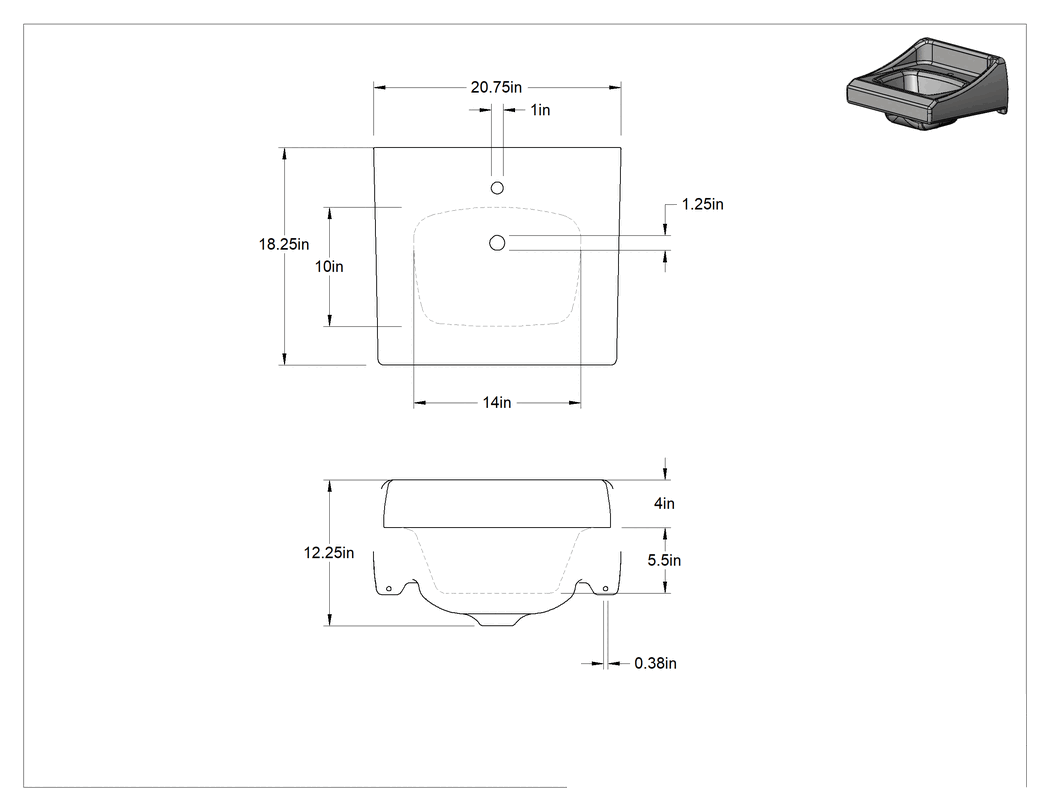 Teknik Çizim - Beyaz Porselen Duvara Monte Lavabo, 20-3/4" Genişlik x 18-1/4" Derinlik x 12-1/4" Toplam Yükseklik
