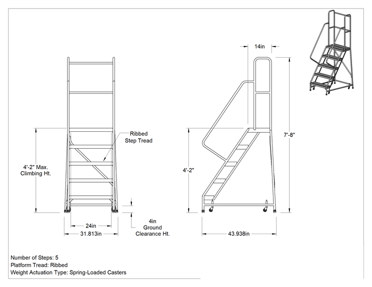 Teknik Çizim - Hafif Alüminyum Tekerlekli Platform Merdiveni, Yivli Basamaklar, 7'8" Yükseklik x 32" Genişlik x 44" Derinlik Toplam