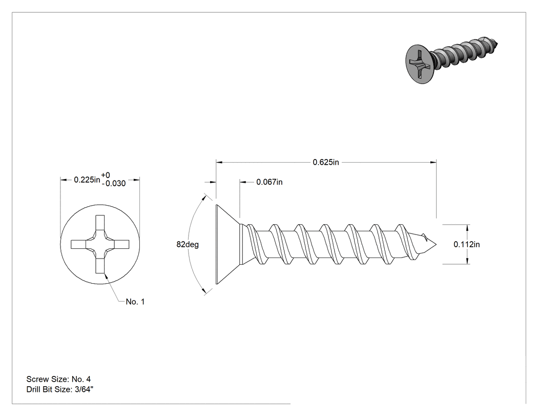 Teknik Çizim - Sunta ve Sunta Levhalar için Havşa Başlı Vidalar, Çinko Kaplı Çelik, 4 Numara Boyut, 5/8" Uzunluk