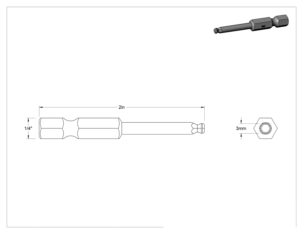 Teknik Çizim - Vida Tutucu Altıgen Uç, Elektrikli Aletler için 1/4" Altıgen Şaft, 3 mm Boyut