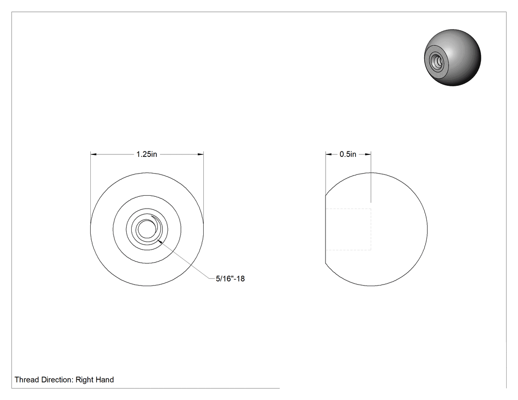 Teknik Çizim - Kırmızı Polipropilen Top Düğme, 5/16"-18 Dişli Delik, 1-1/4" Baş Çapı