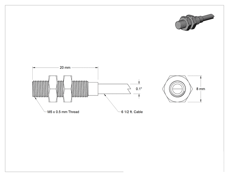 Teknik Çizim - DC Metal Nesne Yakınlık Anahtarı, Tehlikeli Yerler için, 0.8 mm Algılama Mesafesi, 5 mm Çap