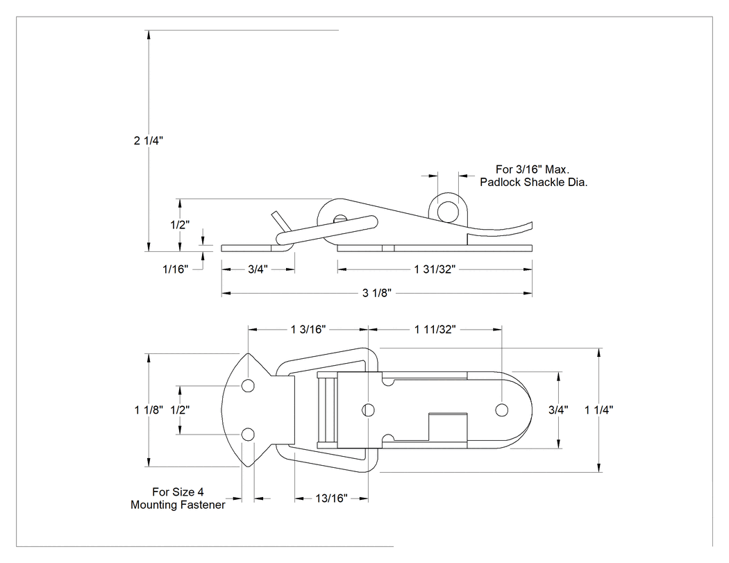 Teknik Çizim - Asma Kilitli Çekme Mandalı, 304 Paslanmaz Çelik, 3-1/8" Uzunluk x 1-1/4" Genişlik