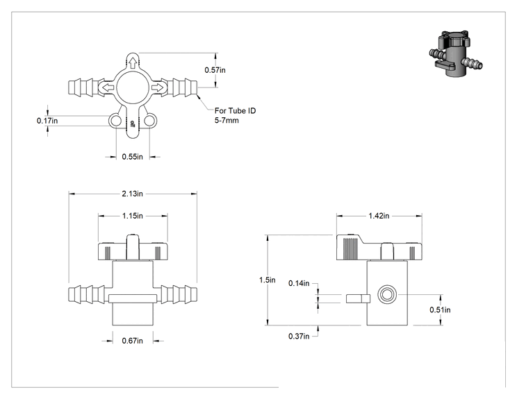 Teknik Çizim - Standart Tırnaklı Bağlantı Parçaları ile Açma/Kapama Vanası, 1/4" Boru İç Çapı için, Kimyasallar için, PVDF Gövde, 4 Kollu Tutamak