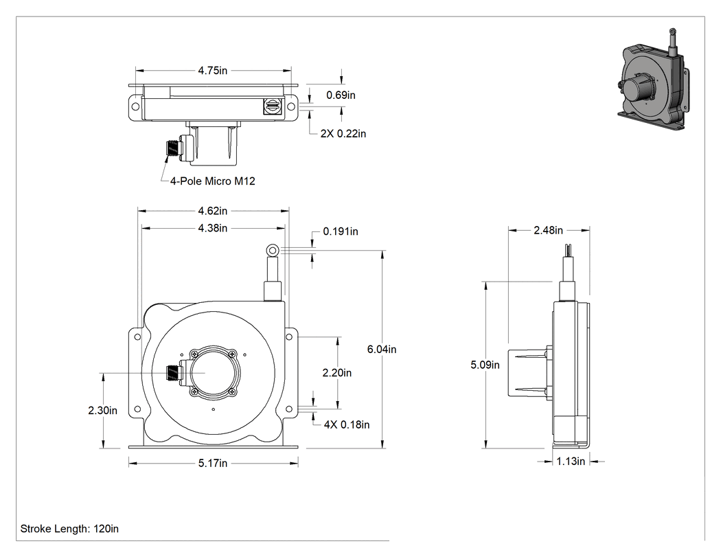 Teknik Çizim - Doğrusal Hareket Konum Ölçüm Vericisi, 4 Kutuplu Mikro M12 Konektörlü, 120" Strok Uzunluğu