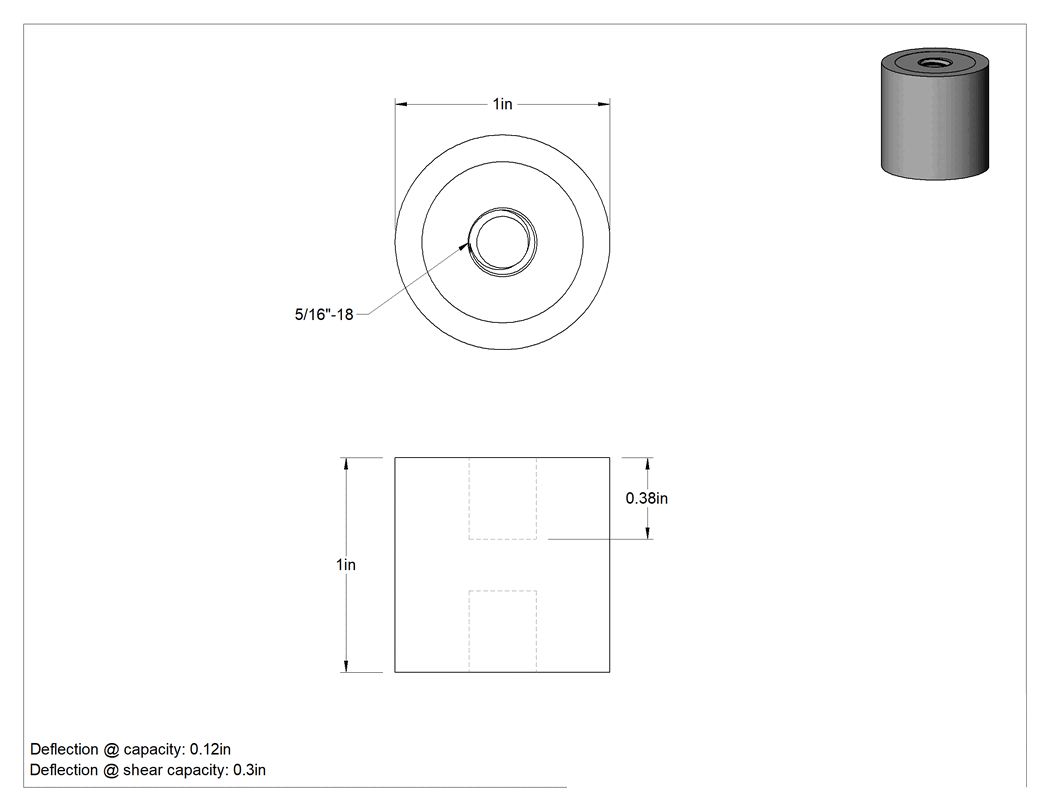 Teknik Çizim - Neopren Titreşim Sönümleyici Sandviç Montaj, 5/16"-18 Dişli Çelik Ek Parçalı, 25 lb Kapasite