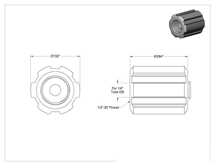 Teknik Çizim - 1/4" Dış Çaplı Kimyasallar için Sıkıştırma Bağlantı Elemanı için Kapak
