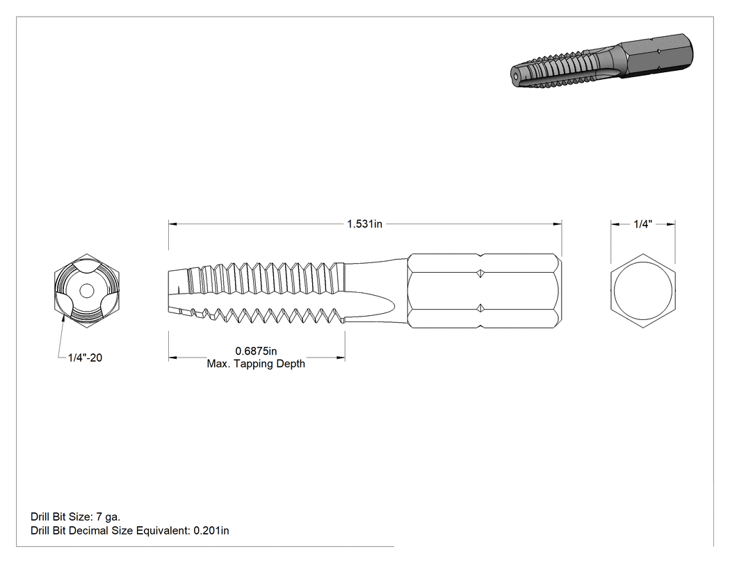 Teknik Çizim - Altıgen Uçlu Kılavuz, 1/4"-20 Diş Boyutu