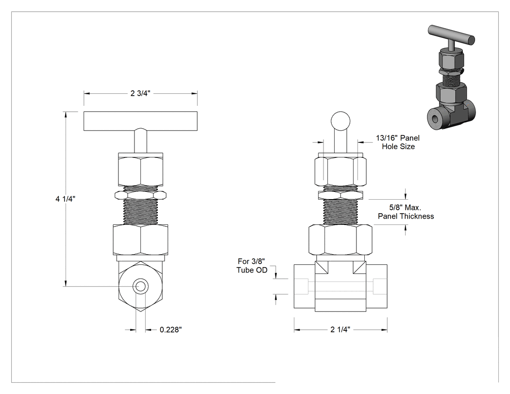 Teknik Çizim - Hassas Akış Ayar Valfi, 3/8" Dış Çaplı Boru için Lehim Bağlantılı Dişi Bağlantı Parçaları