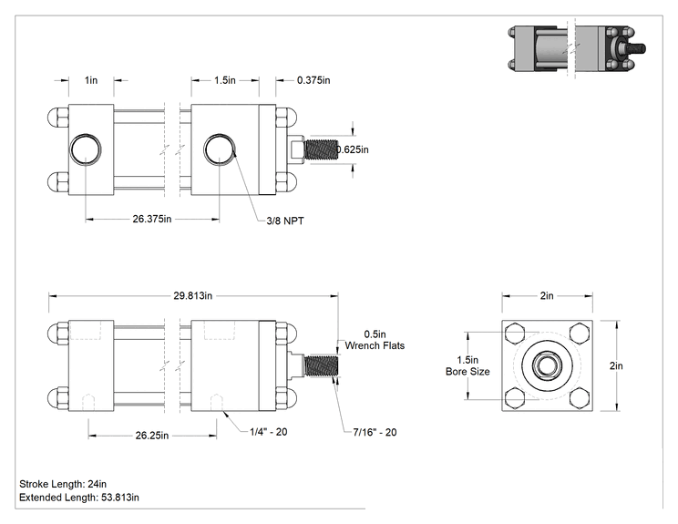 Teknik Çizim - Yıkanabilir NFPA Bağlantı Çubuğu Hava Silindiri, Yastıklı, Sensör Hazır, 1-1/2" Delik Çapı, 24 inç Strok Uzunluğu