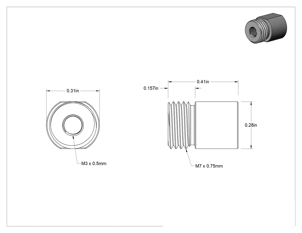 Teknik Çizim - Ultra Hassas Kılavuz Vida için M3 x 0.5 mm Dış Dişli PEEK Somun