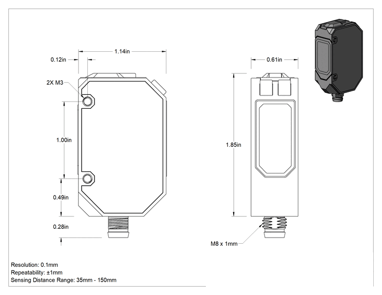 Teknik Çizim - Fotoelektrik Mesafe Ölçüm Vericisi, 4 Kutuplu Nano M8 Fiş, 35 mm ila 150 mm Algılama Mesafesi