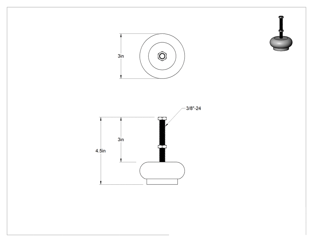 Teknik Çizim - Dişli Saplamalı, Kolay Kurulumlu Titreşim Sönümleyici Sert Düzleştirme Ayakları, 3/8"-24 Dişli Saplamalı