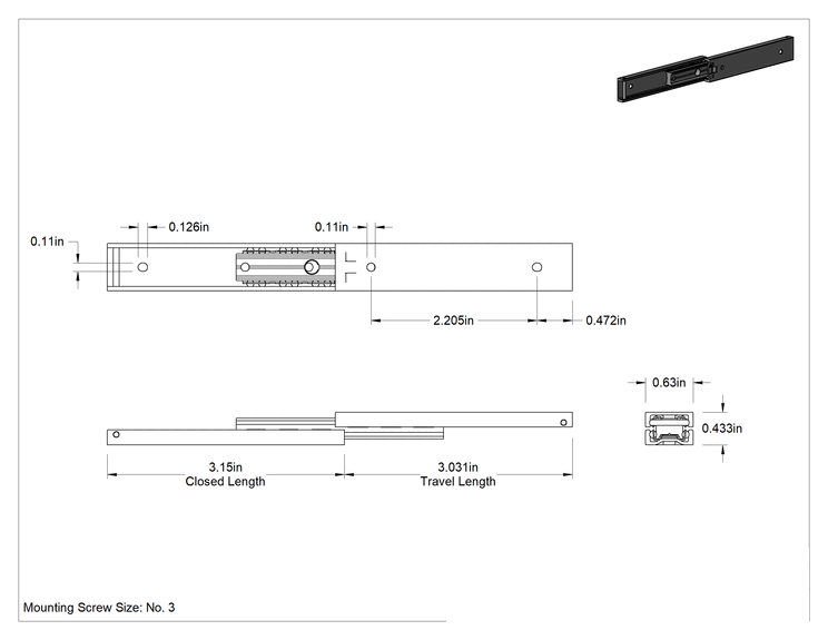 Teknik Çizim - Minyatür Çekmece Kılavuzları, Eloksallı Alüminyum, 3-1/8" Kapalı Uzunluk