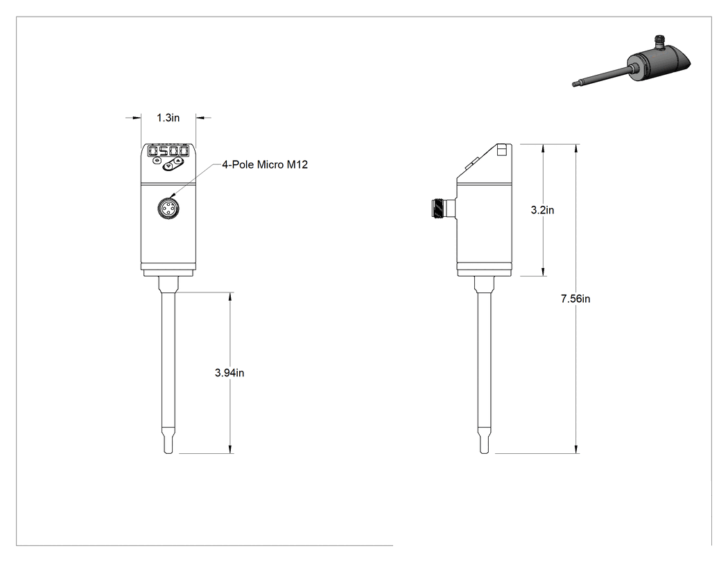 Teknik Çizim - Takma Tipi Akış ve Sıcaklık Transmitteri, 0.02 ila 12 gpm, 3-15/16" Prob Uzunluğu