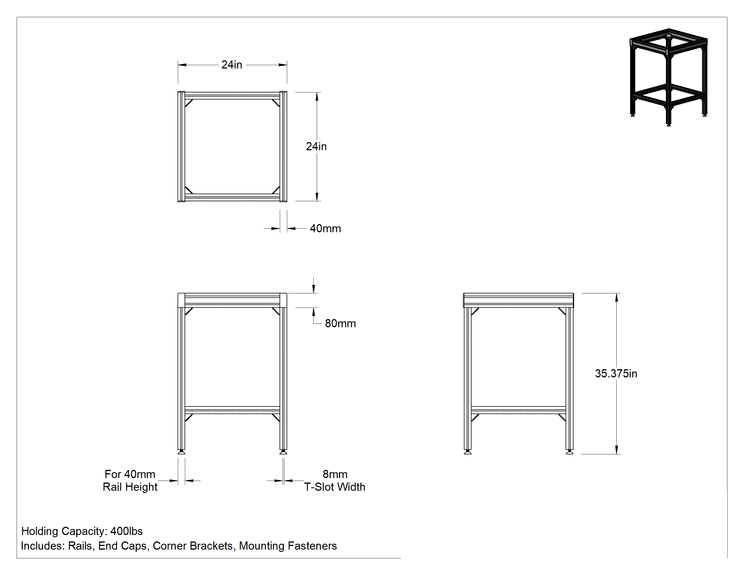 Teknik Çizim - T-Yivli Çerçeve Tabanı, 40 mm Yükseklik x 80 mm Genişlik Tek Ray, 24" Uzunluk x 24" Genişlik