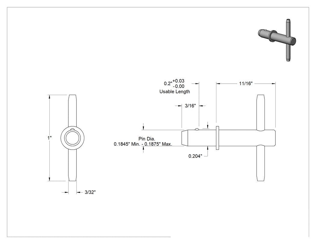 Teknik Çizim - Çinko Kaplı Çelik T-Saplı Hızlı Açma Pimi, 3/16" Çap, 3/16" Kullanılabilir Uzunluk