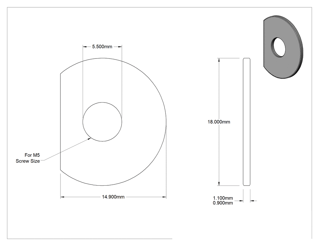 Teknik Çizim - Klipsli Pul, Çinko Kaplı Çelik, M5 Vida için, 5.500 mm İç Çap, 18 mm Dış Çap