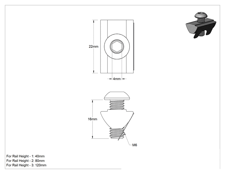 Teknik Çizim - T-Yivli Çerçeve, Takılabilir Kendinden Hizalamalı Somun ve M6 Vida, 1.5 inç ve 40 mm Ray
