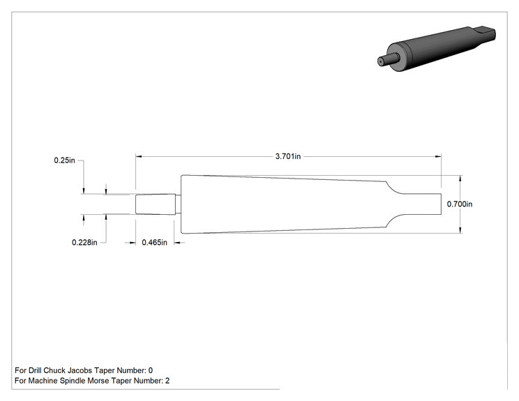 Teknik Çizim - Matkap Mandreni, 2 Numaralı Morse x 0 Numaralı Jacobs için, 3-45/64" Toplam Uzunluk