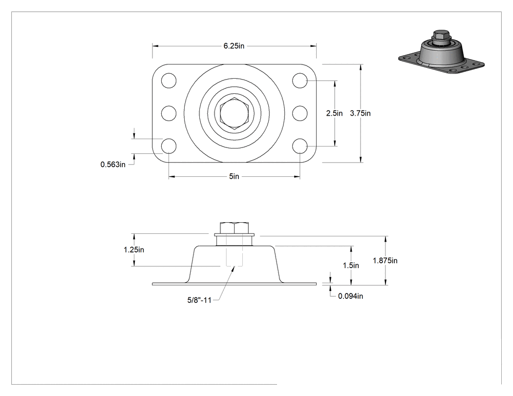 Teknik Çizim - Neopren Sismik Titreşim Sönümleyici Montaj Parçası, 5/8"-11 Kadmiyum Kaplı Çelik Cıvatalı, 3500 lbs. Kapasite