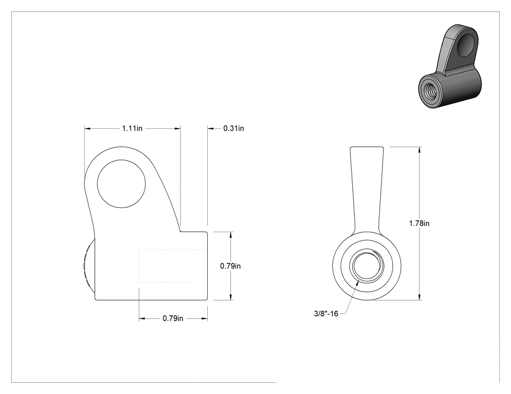 Teknik Çizim - Plastik Tek Kollu Topuz, 3/8"-16 Dişli Delikli, 1-3/4" Genişlikte Başlık