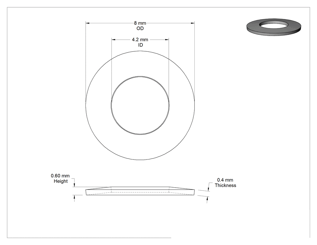 Teknik Çizim - Paslanma ve Aşınmaya Dayanıklı Belleville Disk Yayları, 4 mm Mil Çapı için, 4.200 mm İç Çap, 8 mm Dış Çap, 0.4 mm Kalınlık