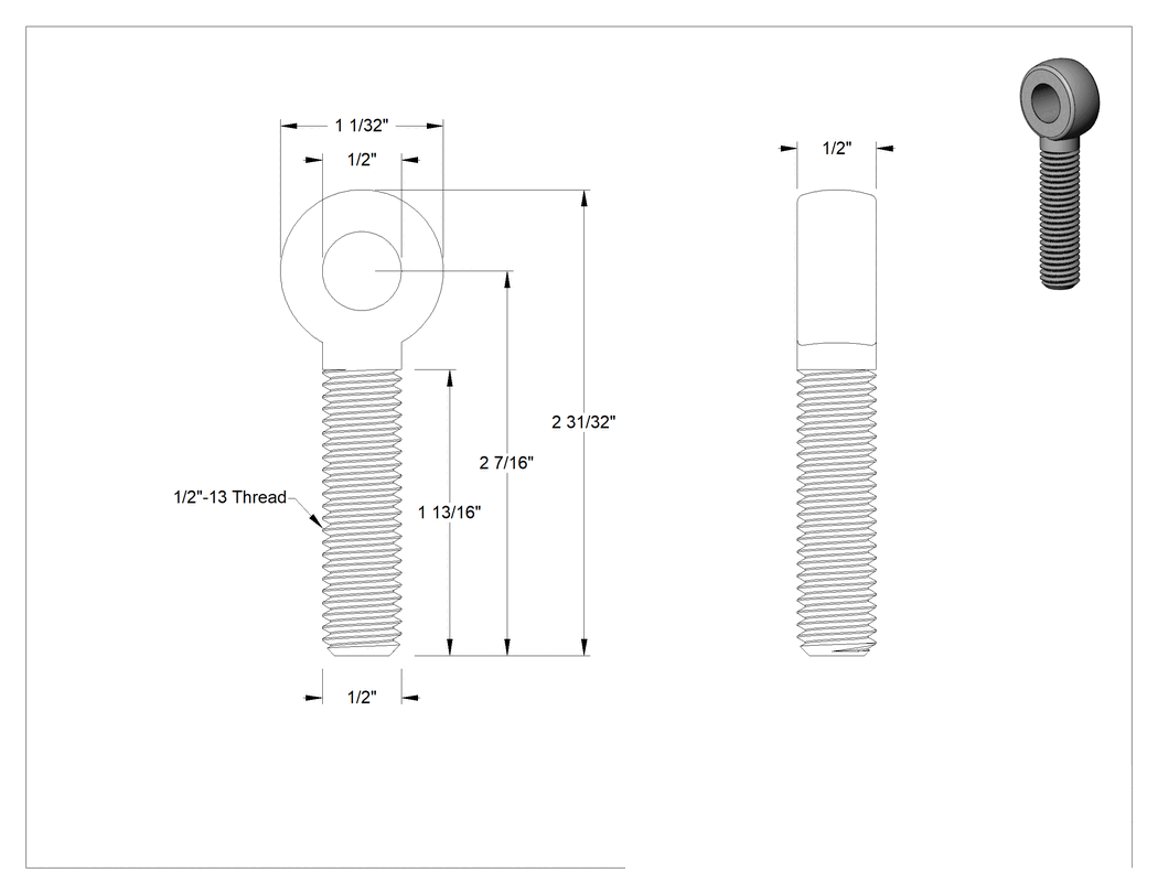 Teknik Çizim - Tam Gijon Ucu Cıvatası, Sağ Yönlü 1/2"-13 Şaft, 2-7/16" Şaft Merkez Uzunluğu