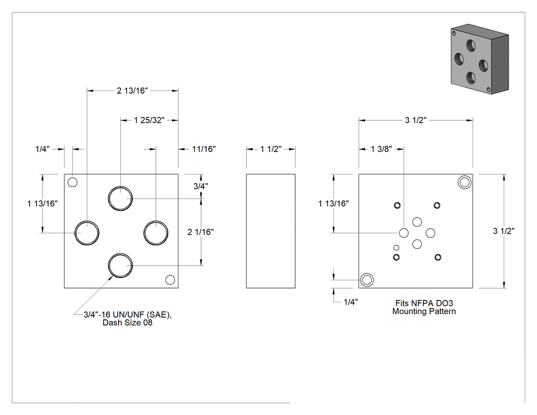 Teknik Çizim - D03 NFPA Vana Montaj Bloğu, 1 İstasyon, UN/UNF