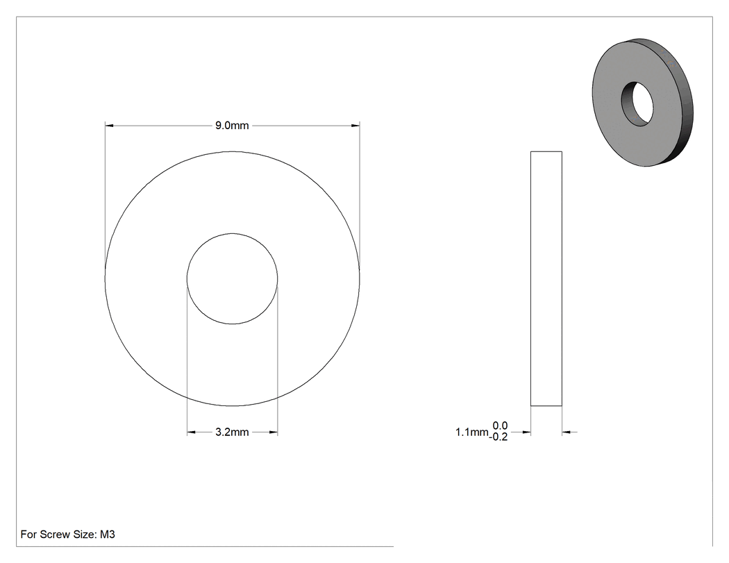 Teknik Çizim - Büyük Boy Pul, 18-8 Paslanmaz Çelik, M3 Vida Boyutu için, 9mm Dış Çap, 0.9 mm ila 1.1 mm Kalınlık