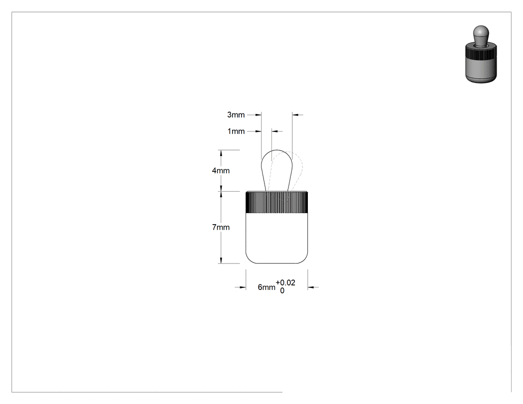 Teknik Çizim - Çinko Kaplı Çelik Başlıklı Yay Yerleştirme Pimi, 6 mm Çap x 7 mm Uzunluğunda Gövde, 2.3 lb ila 2.5 lb kuvvet