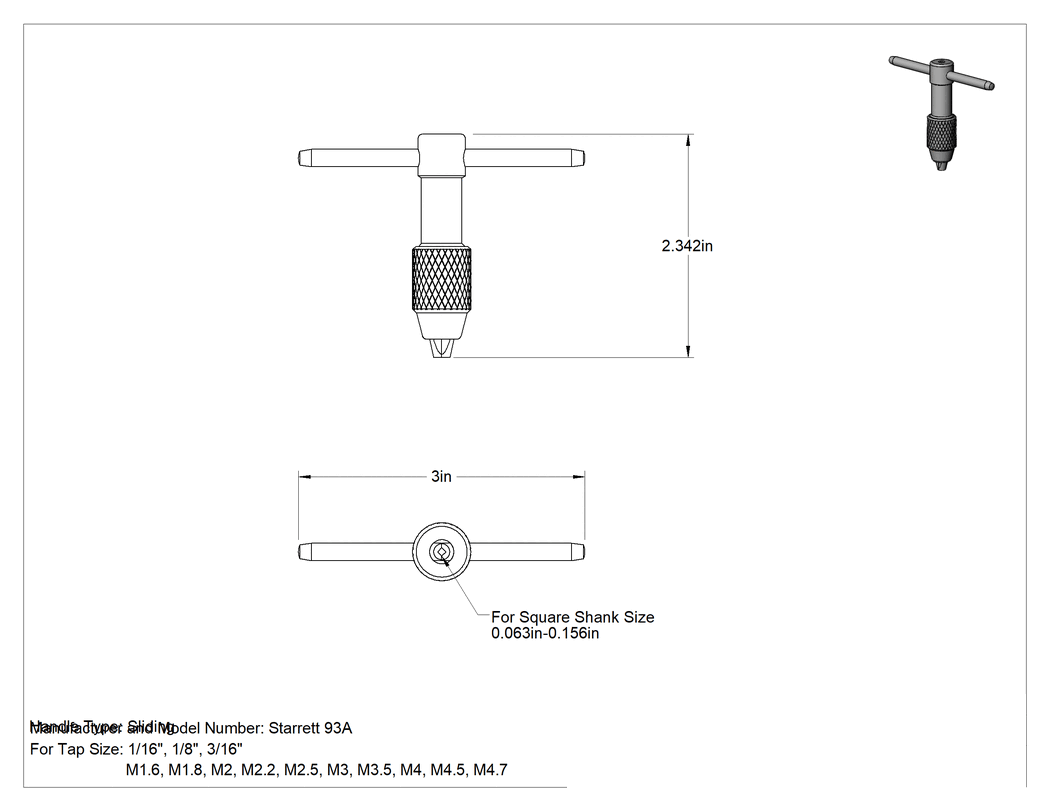 Teknik Çizim - Starrett T-Saplı Kılavuz Anahtarı, 93A Numaralı, 0.063" ila 0.156" kare şaft için