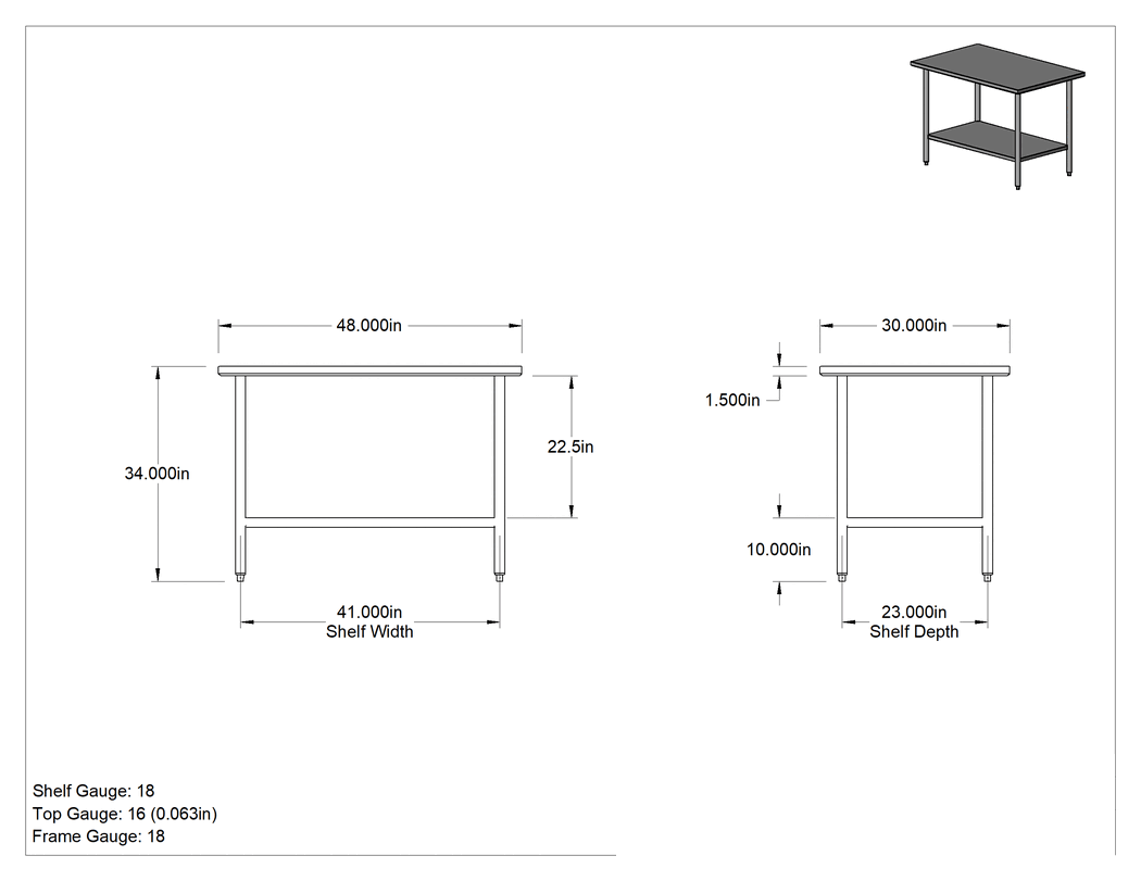 Teknik Çizim - Paslanmaz Çelik Masa, Raflı, Sabit, 34" Yükseklik x 48" Genişlik x 30" Derinlik