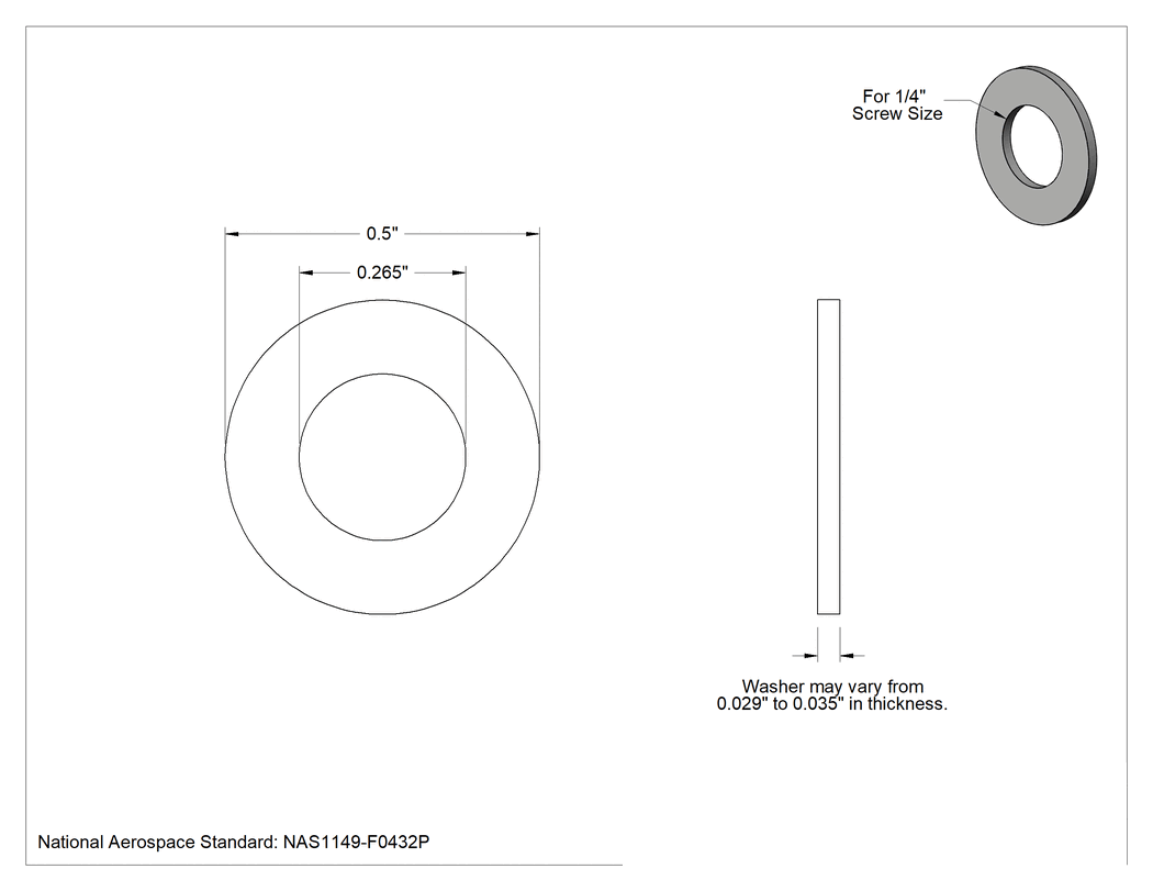 Teknik Çizim - Kadmiyum Kaplı Çelik MIL. Spesifikasyonlu Pul, 1/4" Vida için, 0.265" İç Çap, 0.5" Dış Çap, 0.029" ila 0.035" Kalınlık