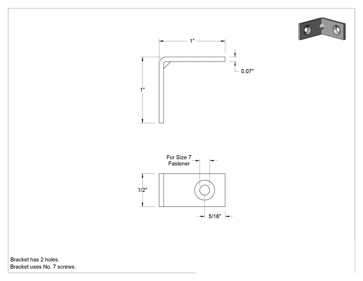 Teknik Çizim - Çinko Kaplı Çelik Köşe Braketi, 1" x 1" x 1/2"
