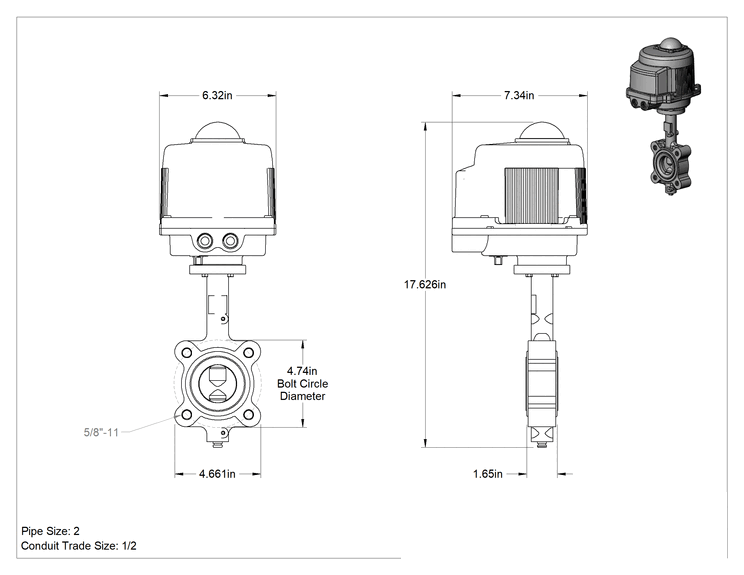 Teknik Çizim - Yakıt için Motor Tahrikli Açma/Kapama Valfi, 24V AC/DC, 2 Boru Boyutu