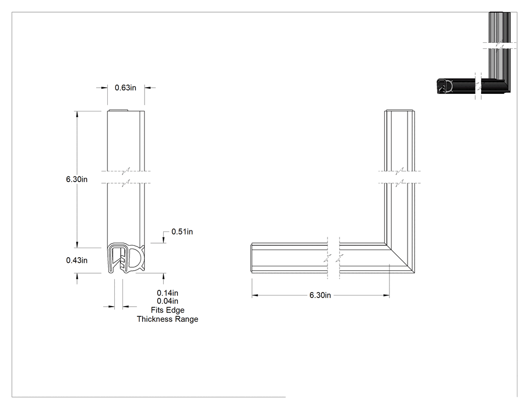 Teknik Çizim - Yan Tarafında Çıkıntı Bulunan Köşeler için İtmeli Kenar Contaları, 3/64" ila 1/8" Kalınlığındaki Kenarlara Uygun, 6-1/4" Ayak Uzunluğu