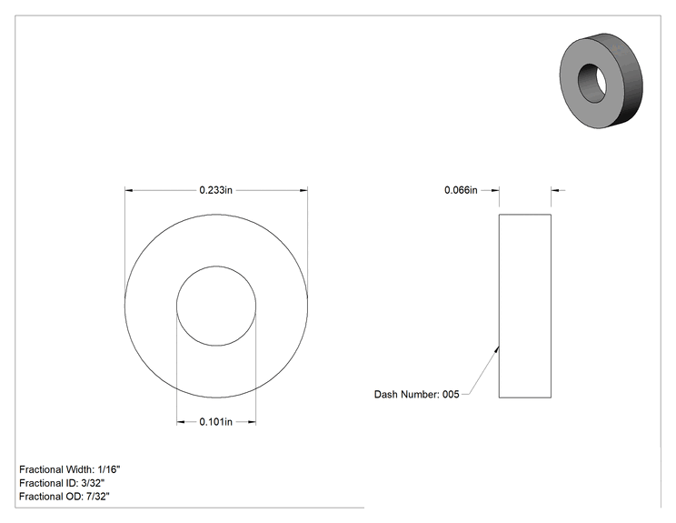 Teknik Çizim - Kare Profilli Yüksek Sıcaklık Silikon O-Ring, 1/16 Kesirli Genişlik, Dash Numarası 005