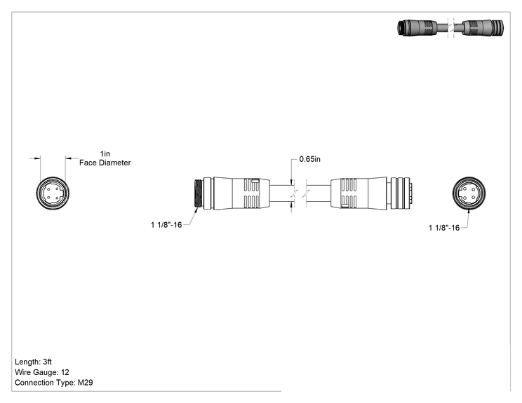 Teknik Çizim - M29 Güç Kablosu, Fiş x Soket, 3 Fit Uzunluk
