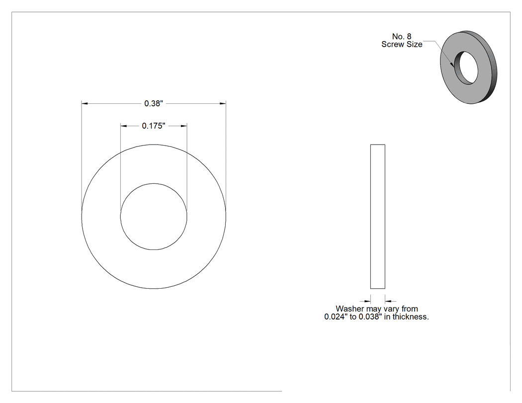 Teknik Çizim - Fiberglas Pul, 8 numaralı vida boyutu için, 0.175" İç Çap, 0.380" Dış Çap