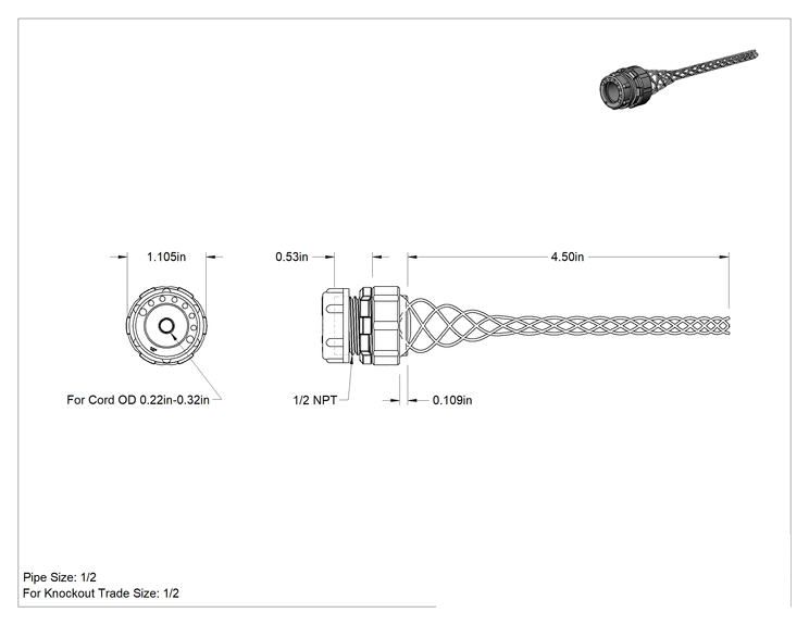 Teknik Çizim - Sure-Grip Alüminyum Kablo Tutucu, 0.22"-0.32" Kordon Dış Çapı için, 1/2 Delik Boyutu