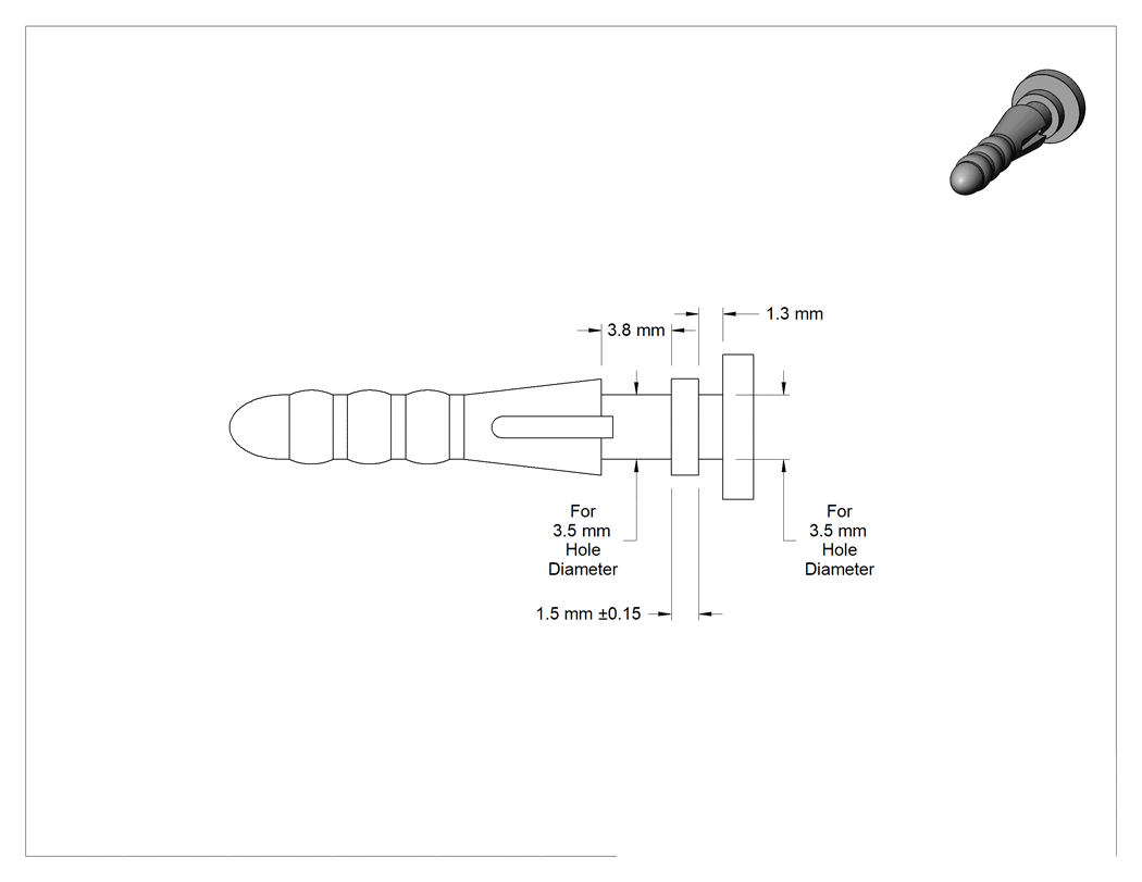 Teknik Çizim - Titreşim Sönümleyici Geçmeli Ayırıcılar, 1.5 mm Uzunluk, 3.5 mm Çaplı Delikler için