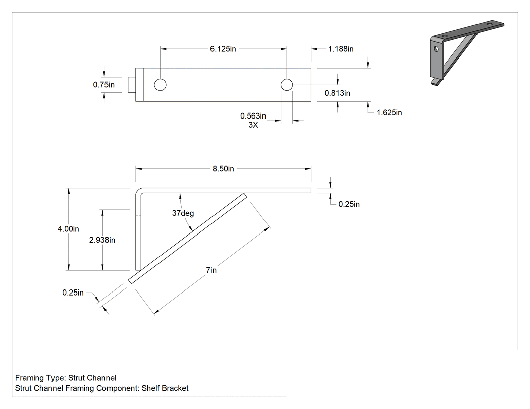 Teknik Çizim - Strut Kanalı Raf Braketi, 316 Paslanmaz Çelik, 8-1/2" Uzunluk
