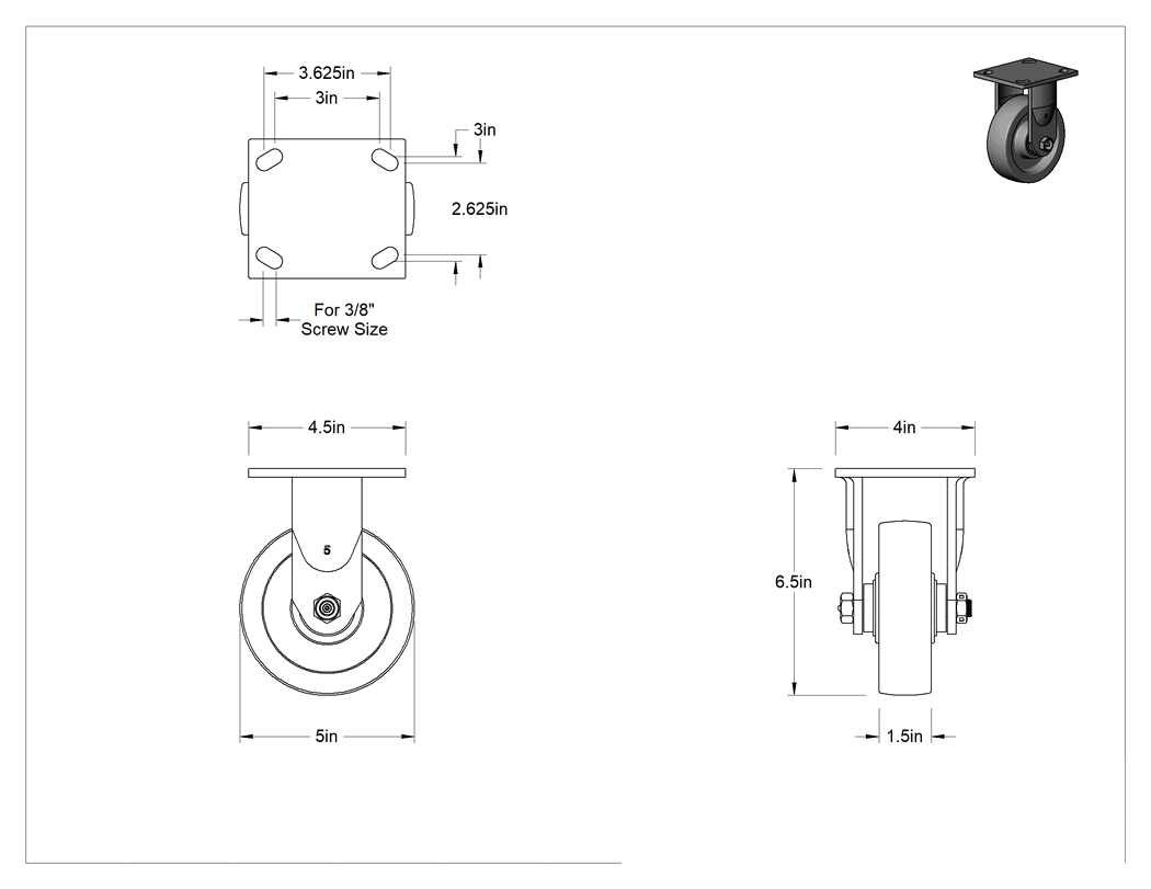 Teknik Çizim - 4-1/2" x 4" Montaj Plakalı Samson Tekerlek, 5" Çapında Fenolik Tekerlekli Sert