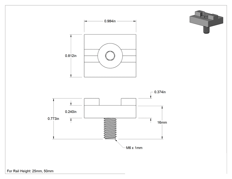 Teknik Çizim - T-Yuvalı Çerçeve Rayı Kaydırma Parçası, Dikey Pivot, 25 mm Yükseklik Tek Ray için