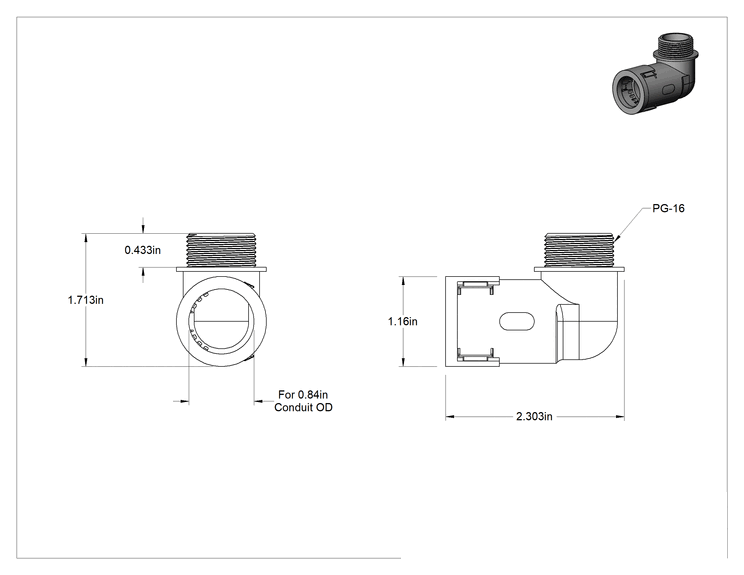 Teknik Çizim - Sürekli Esnek Plastik Kanal Bağlantı Parçası, 90 Derece, 0.84" Dış Çaplı Geçmeli Dişi x PG-16 PG Erkek