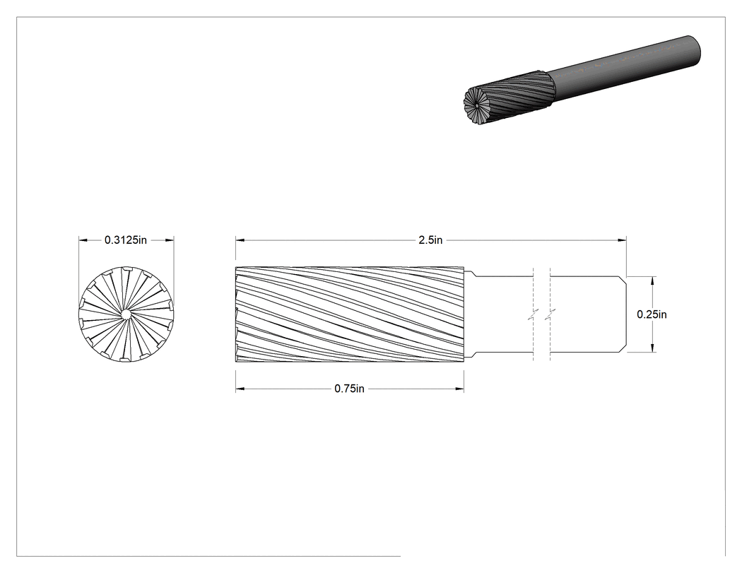 Teknik Çizim - 1/4" Çaplı Şaftlı Karbür Freze Ucu, Düz Kesici Silindir, Ticaret No. Sb-2, Tek Kesim