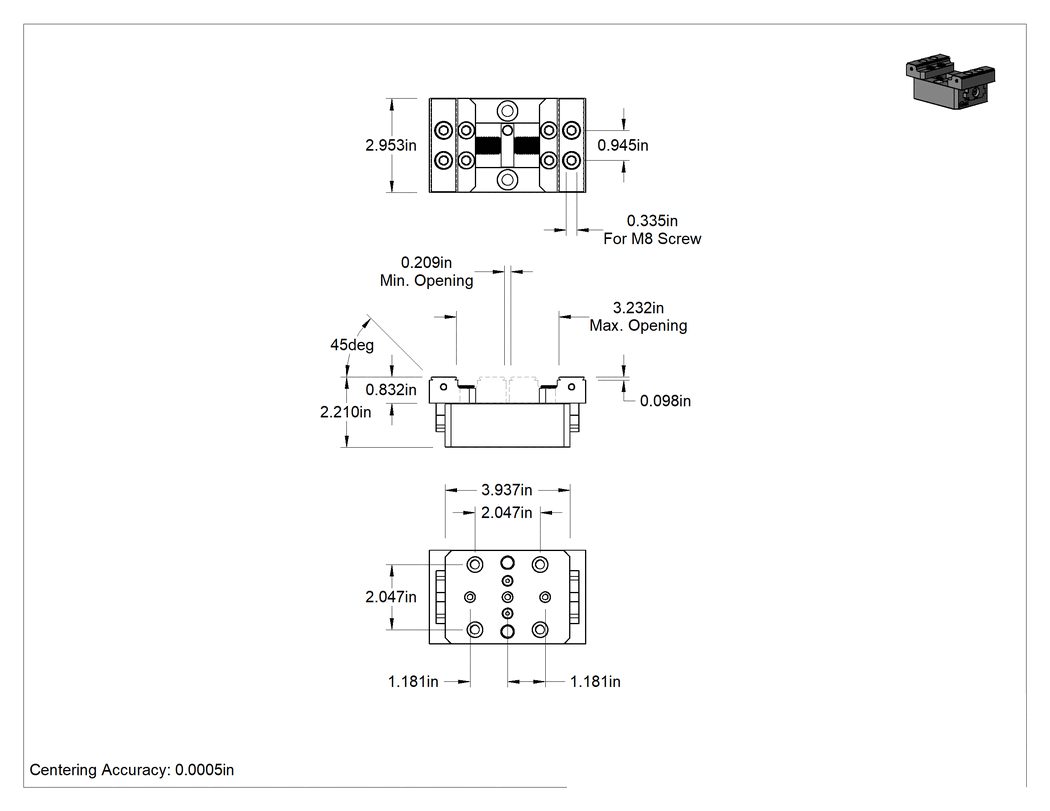 Teknik Çizim - Kompakt Freze Makinesi Mengene, 2-15/16" Genişlik x 13/16" Yükseklik Çeneler