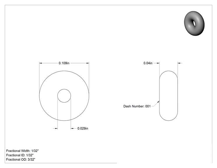 Teknik Çizim - Ultra Kimyasal Dirençli Ffkm 4079 O-Ring, 1/32 Kesirli Genişlik, Dash Numarası 001